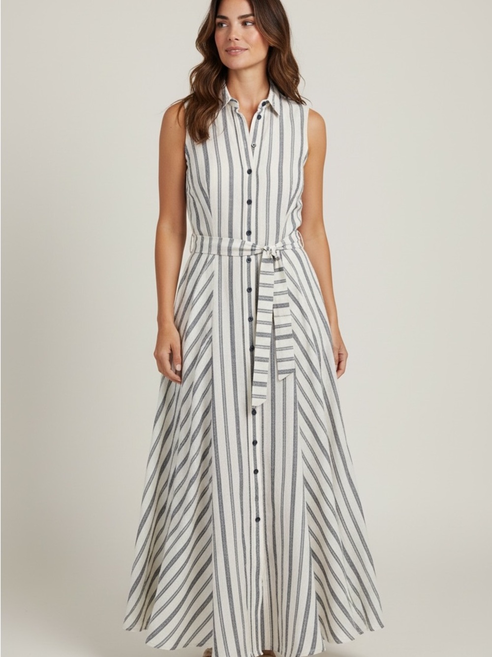 Maeve Sleeveless White and Gray Striped Button-Front Maxi Dress